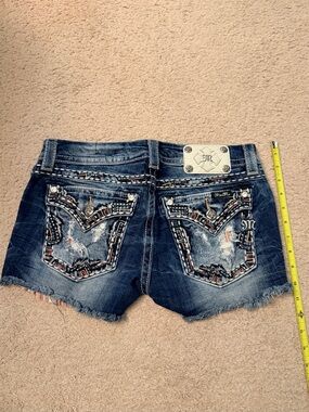 Miss Me Dark Blue Distressed Embroidered Denim Jean Shorts